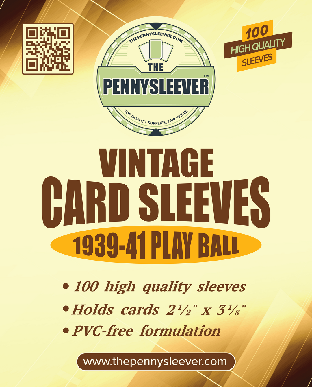 Label from a pack of 100 vintage card sleeves designed for 1939-41 Play Ball cards.