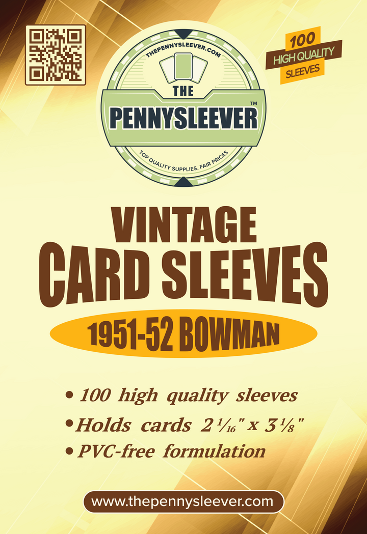 Label from a pack of 100 vintage card sleeves designed for 1951-52 Bowman cards.