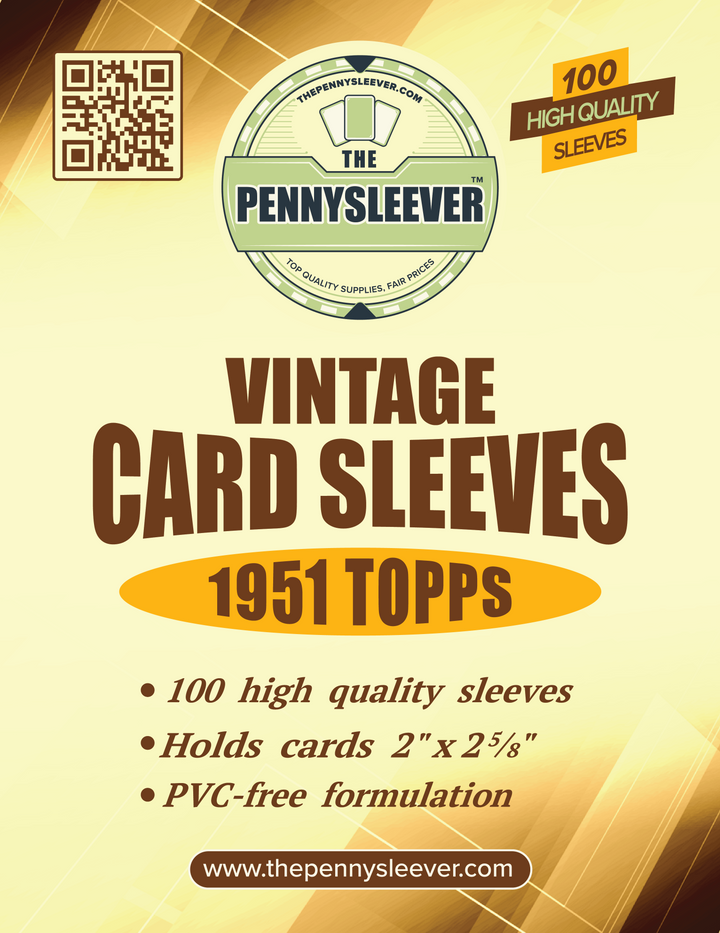 Label from a pack of 100 vintage card sleeves designed for 1951 Topps cards.