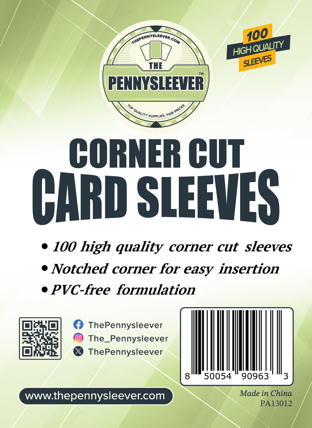 Label from a pack of 100 corner cut card sleeves.
