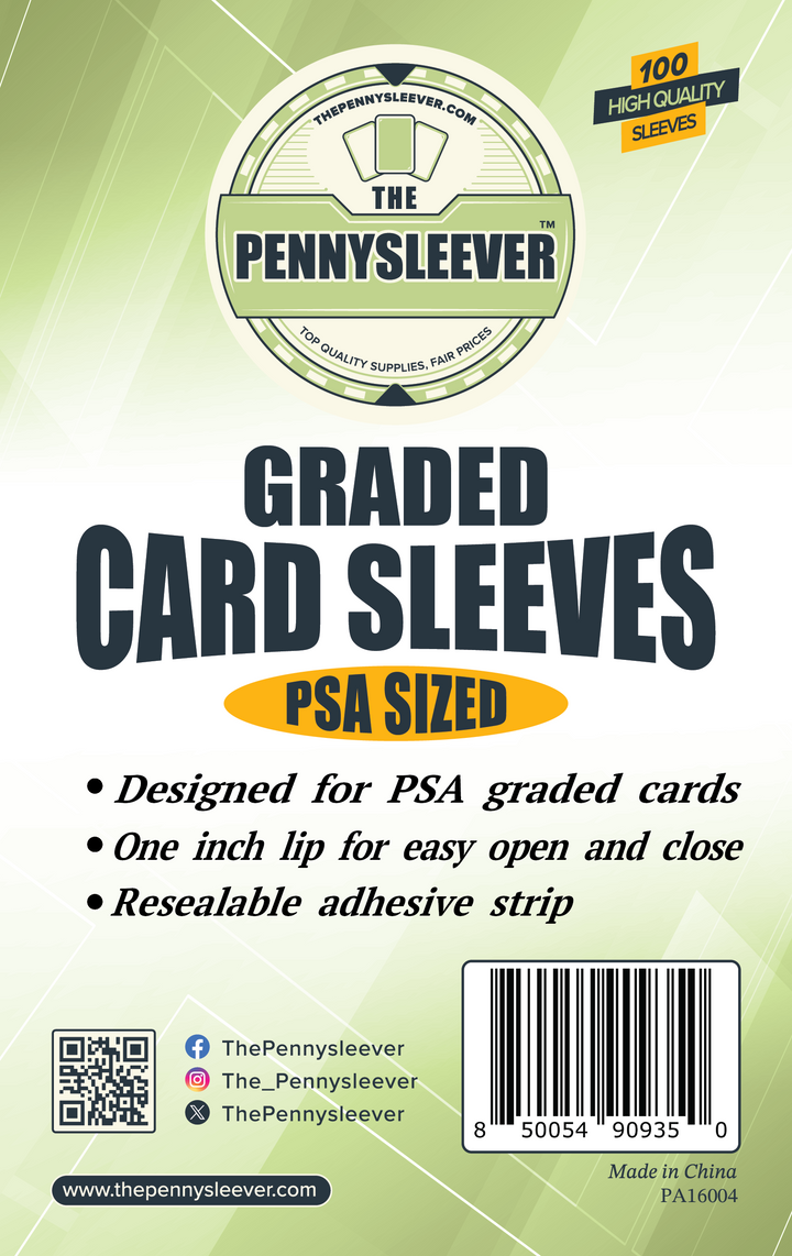 Label from a pack of 100 PSA sized graded card sleeves.