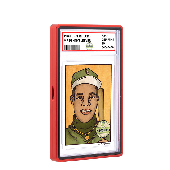 Red aluminum bumper for graded cards from The Pennysleever on a white background