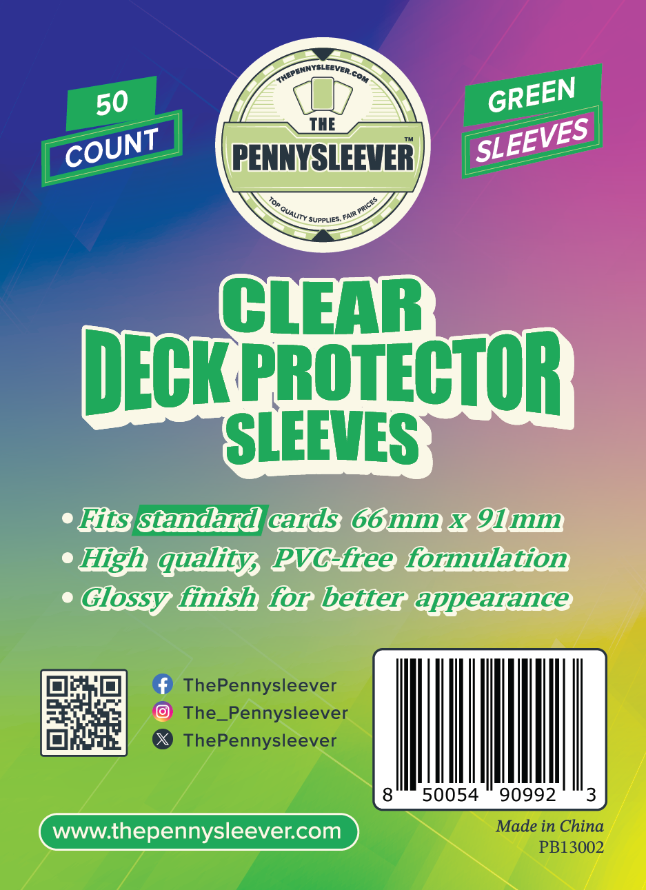 Packaging for TCG/Pokémon CLEAR green Deck Protector Sleeves, indicating the product is 50 count, high-quality PVC-free formulation with a glossy finish.