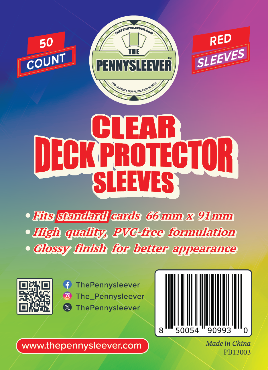 Packaging for TCG/Pokémon CLEAR red Deck Protector Sleeves, indicating the product is 50 count, high-quality PVC-free formulation with a glossy finish.