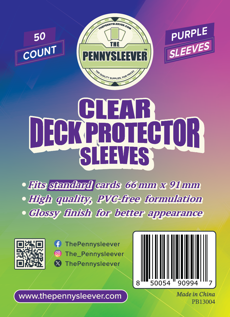 Packaging for TCG/Pokémon CLEAR purple Deck Protector Sleeves, indicating the product is 50 count, high-quality PVC-free formulation with a glossy finish.