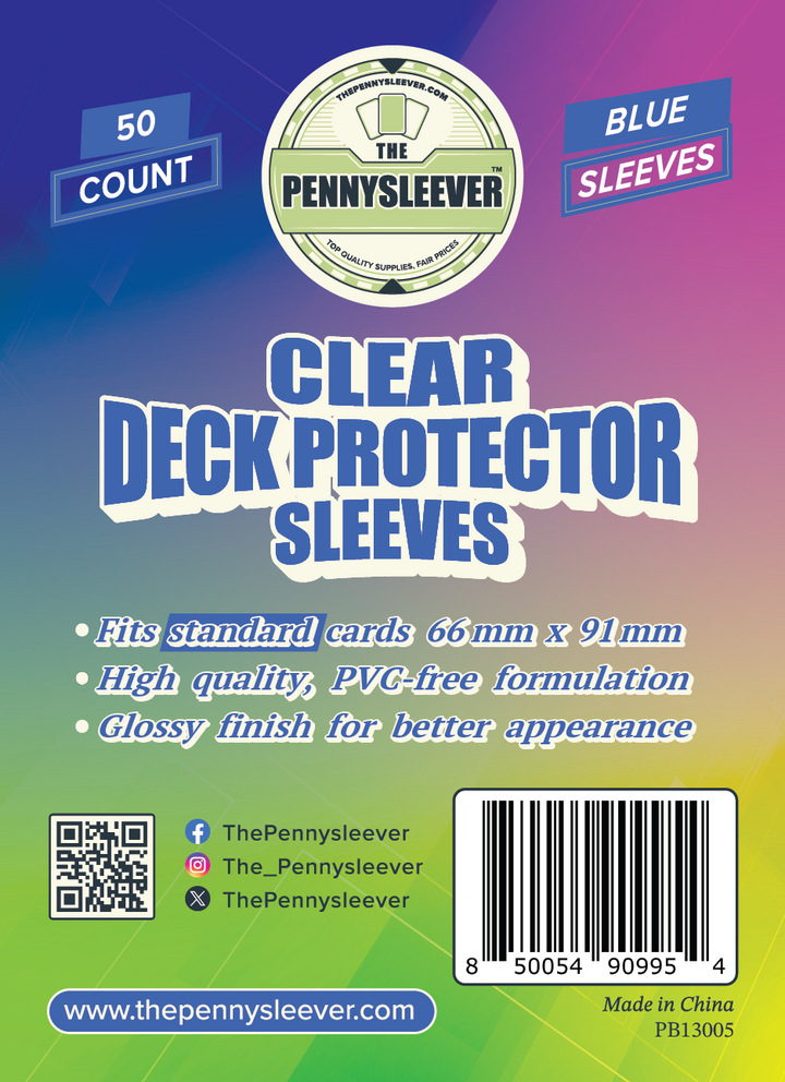 Packaging for TCG/Pokémon CLEAR blue Deck Protector Sleeves, indicating the product is 50 count, high-quality PVC-free formulation with a glossy finish.