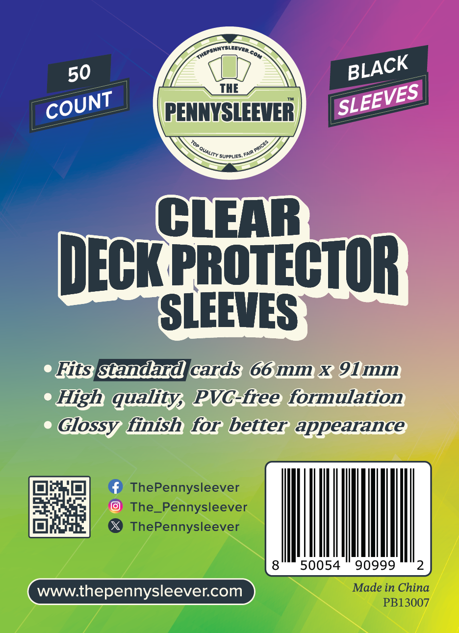 Packaging for TCG/Pokémon CLEAR  black Deck Protector Sleeves, indicating the product is 50 count, high-quality PVC-free formulation with a glossy finish.