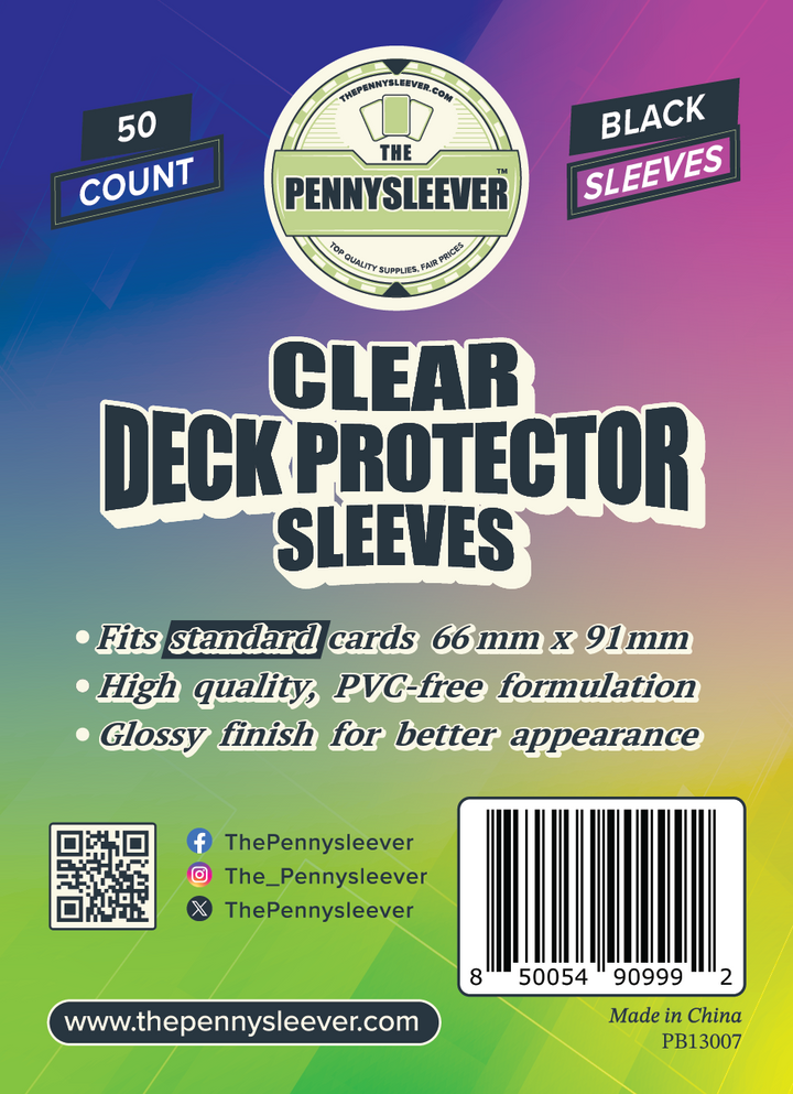Packaging for TCG/Pokémon CLEAR  black Deck Protector Sleeves, indicating the product is 50 count, high-quality PVC-free formulation with a glossy finish.