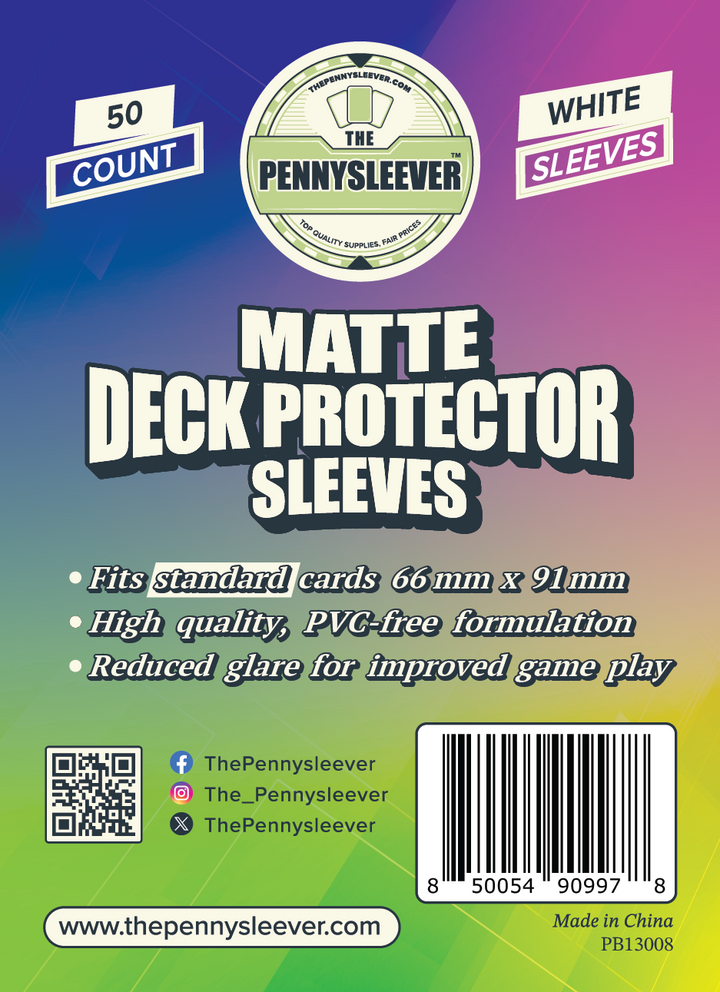 Packaging for TCG/Pokémon MATTE Deck Protector Sleeves, indicating 50 count, white sleeves, and features such as fitting standard cards, being PVC-free, and having reduced glare.