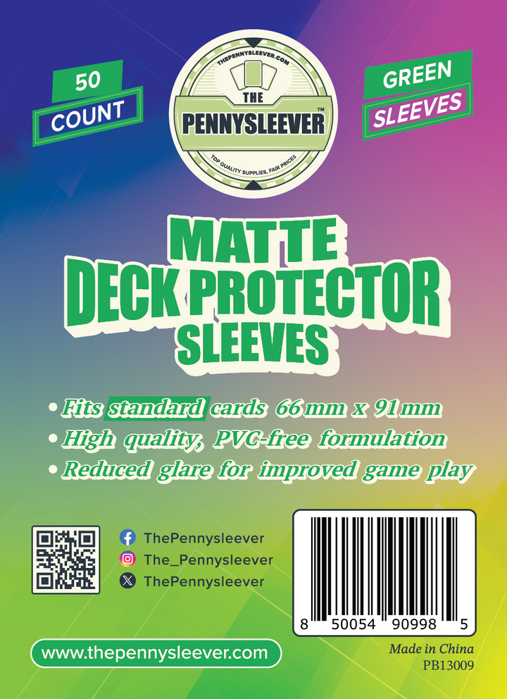 Packaging for TCG/Pokémon MATTE Deck Protector Sleeves, indicating 50 count, green sleeves, and features such as fitting standard cards, being PVC-free, and having reduced glare.