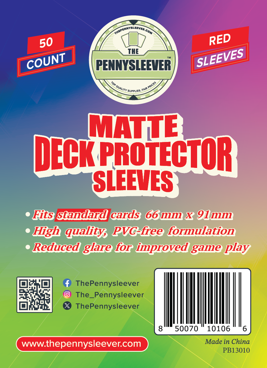 Packaging for TCG/Pokémon MATTE Deck Protector Sleeves, indicating 50 count, red sleeves, and features such as fitting standard cards, being PVC-free, and having reduced glare.