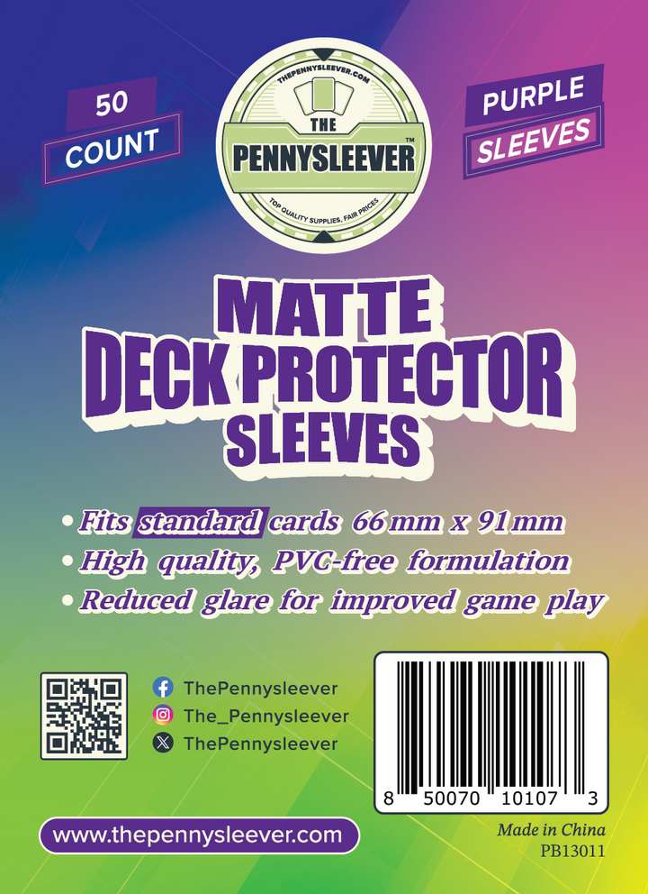Packaging for TCG/Pokémon MATTE Deck Protector Sleeves, indicating 50 count, purple sleeves, and features such as fitting standard cards, being PVC-free, and having reduced glare.