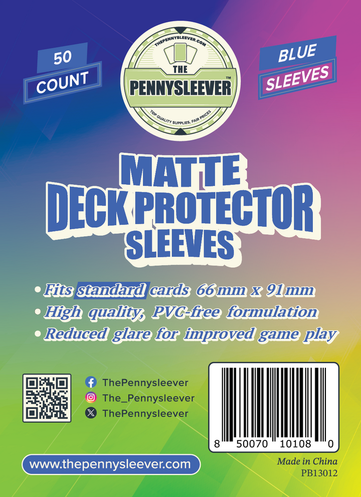 Packaging for TCG/Pokémon MATTE Deck Protector Sleeves, indicating 50 count, blue sleeves, and features such as fitting standard cards, being PVC-free, and having reduced glare.
