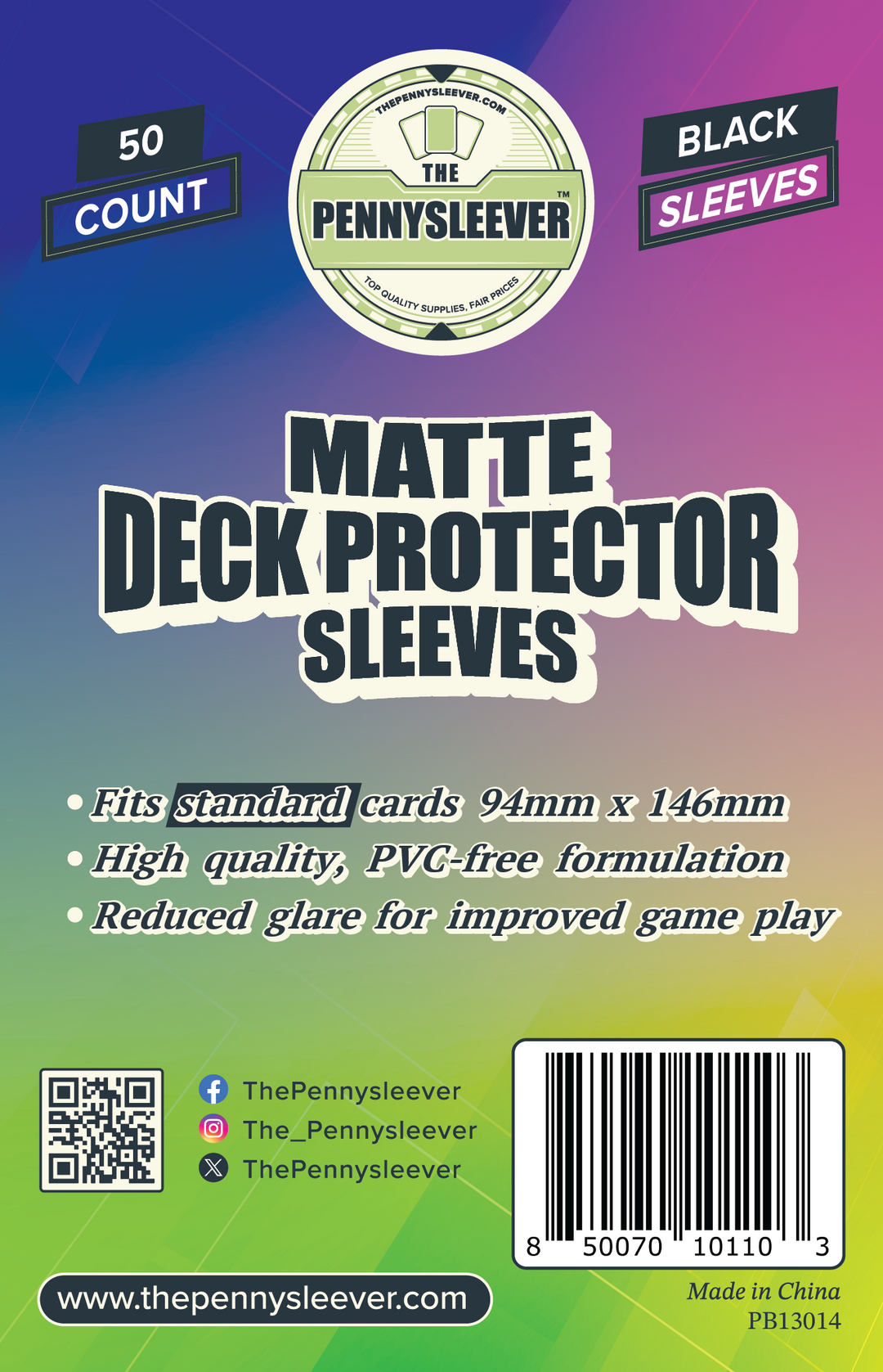 Packaging for TCG/Pokémon MATTE Deck Protector Sleeves, indicating 50 count, black sleeves, and features such as fitting standard cards, being PVC-free, and having reduced glare.