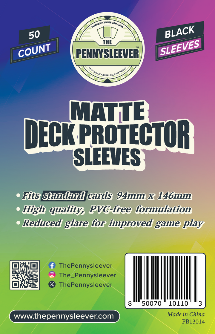 Packaging for TCG/Pokémon MATTE Deck Protector Sleeves, indicating 50 count, black sleeves, and features such as fitting standard cards, being PVC-free, and having reduced glare.