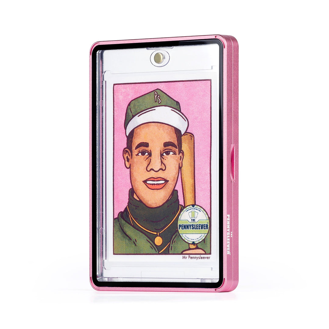A clear Color Frame 35pt Magnetic Card Holder Aluminum protective case with a shiny-subtle pastel pink border, shown upright on a white background. Inside the case is a custom portrait of a baseball player &