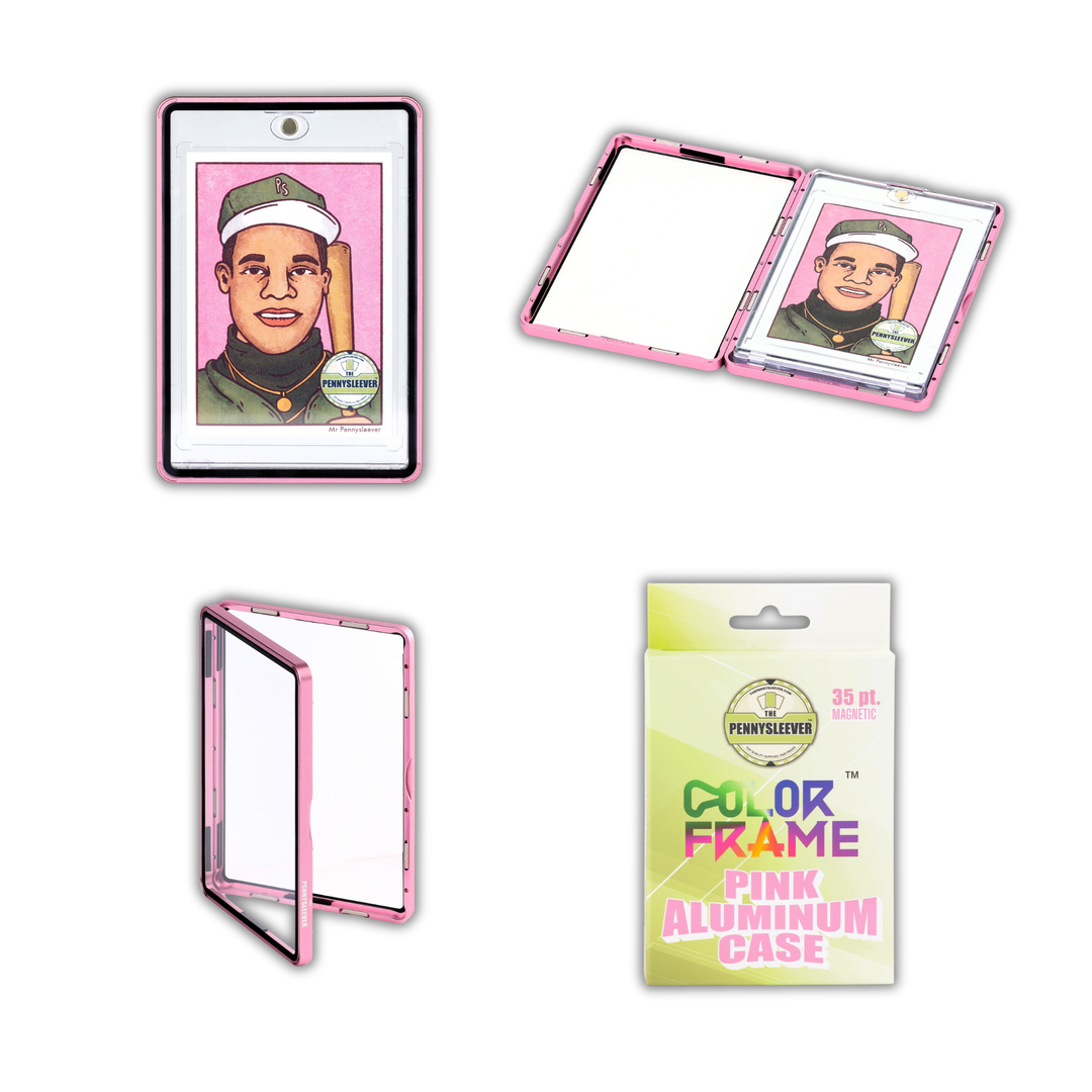 Four views of a subtle pastel pink aluminum case for 35pt Magnetic Card holder on a white background, including one with a custom &