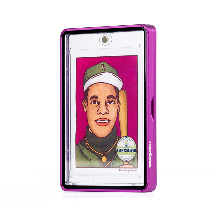 A clear Color Frame 35pt Magnetic Card Holder Aluminum protective case with a shiny and striking bright purple border, shown upright on a white background. Inside the case is a custom portrait of a baseball player &
