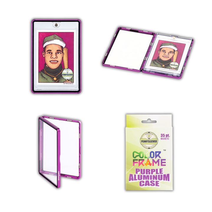 Four views of a shiny and striking bright purple aluminum case for 35pt Magnetic Card holder on a white background, including one with a custom &