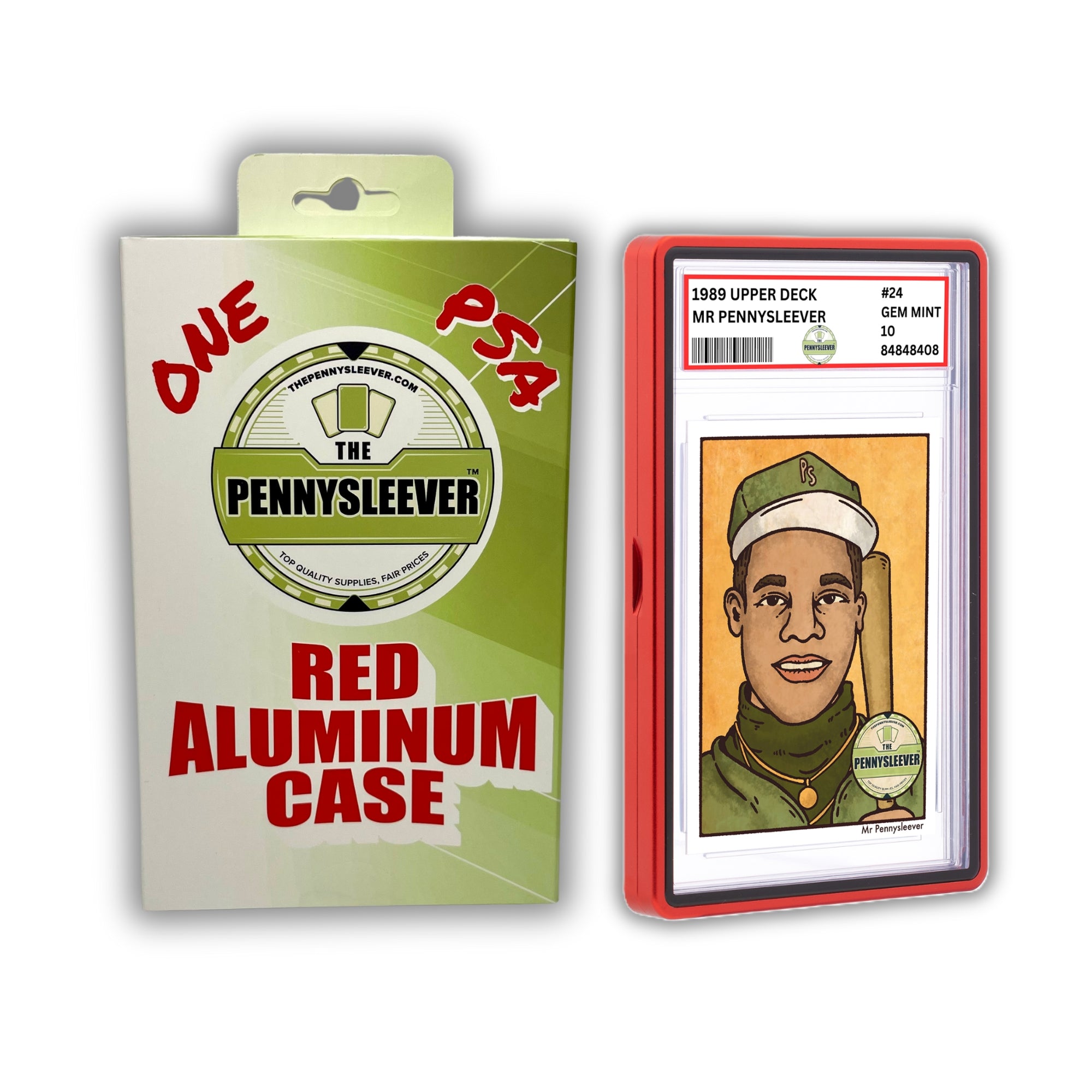 The Pennysleever’s red aluminum case for PSA and CGC slabs showcases a vintage‑style Ken Griffey Jr. card inside and is engineered with a strong, secure magnetic closure to keep your slab protected.