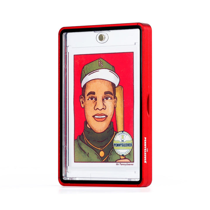 A clear Color Frame 35pt Magnetic Card Holder Aluminum protective case with a crimson red border, shown upright on a white background. Inside the case is a custom portrait of a baseball player &