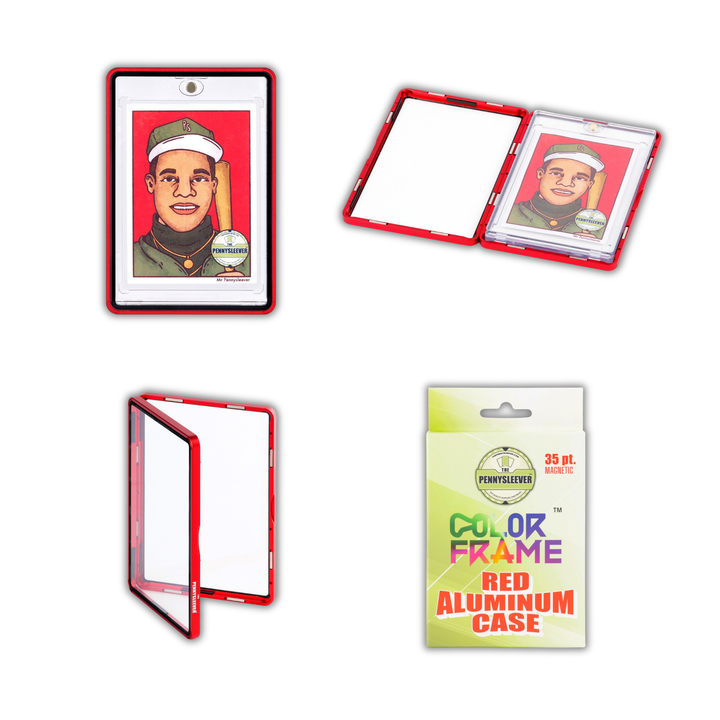 Four views of a crimson red aluminum case with a clear front, shown closed and open, alongside its retail packaging labeled &
