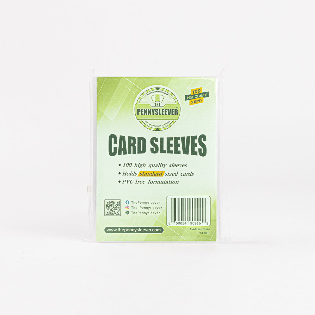 A sealed pack of 100 card sleeves, against a white background.