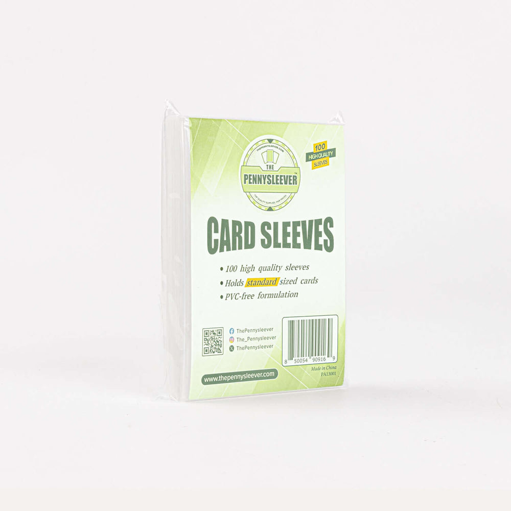 Side view of a sealed pack of 100 card sleeves against a white background.