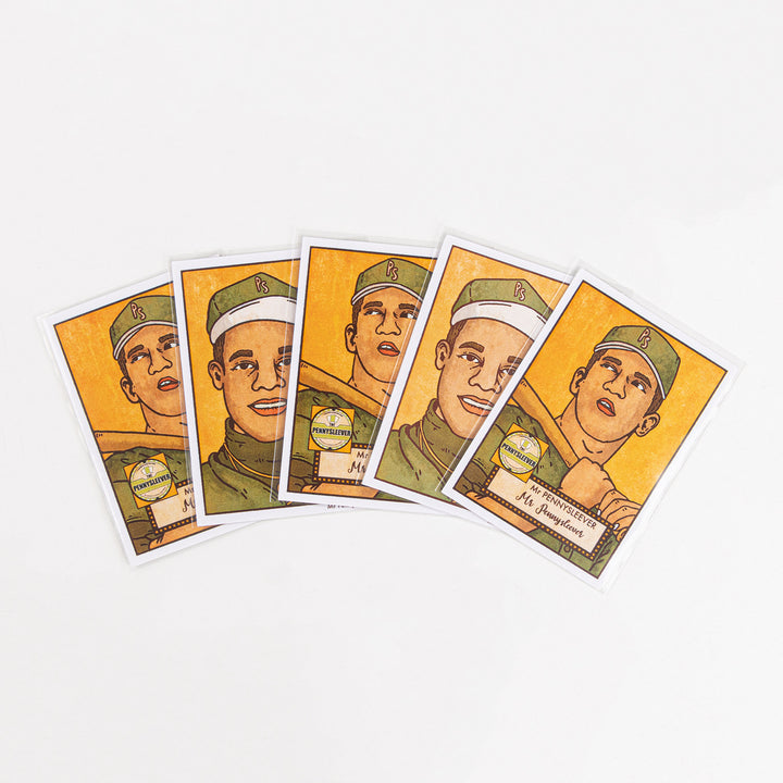 An array of penny sleeves with promo cards against a white background.