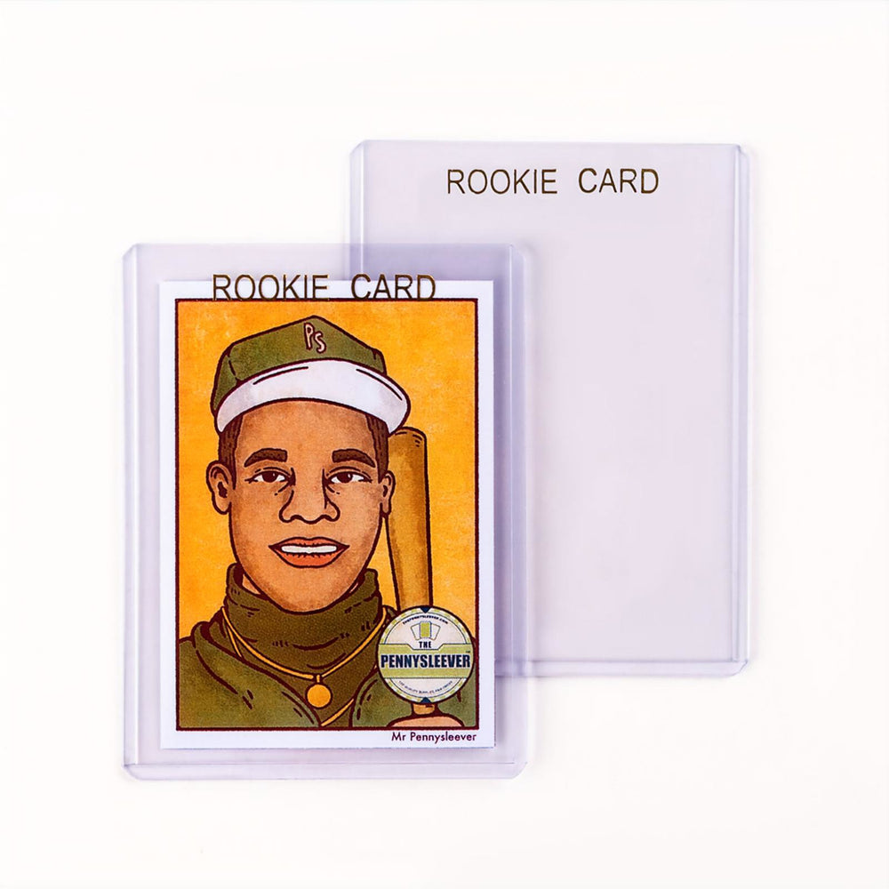 A sample of high quality, standard 35 pt size Rookie Toploaders from The Pennysleever, for most traditional sports cards and standard trading cards, made from clear virgin PVC.