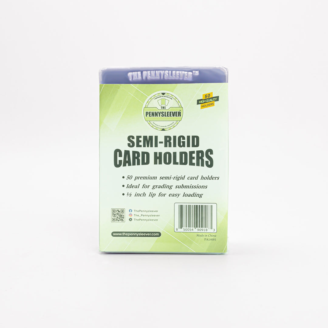 Front view of a pack of 50 semi-rigid card holders from The Pennysleever against a white background.