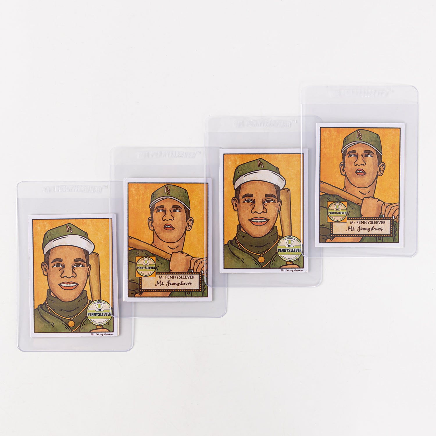 Four promo cards in semi-rigid card holders against a white background.