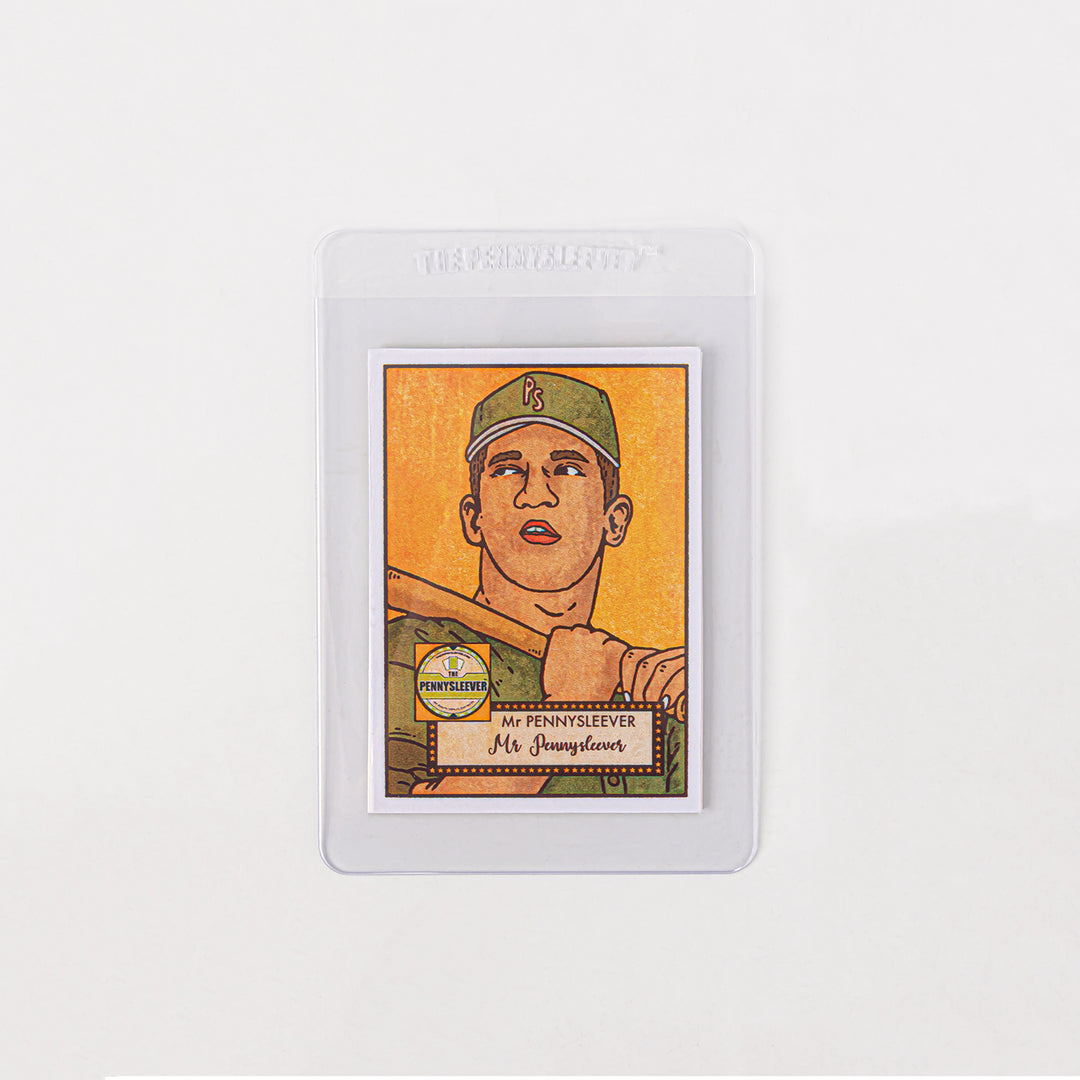 Baseball card inside a semi-rigid card holder from The Pennysleever against a white background.