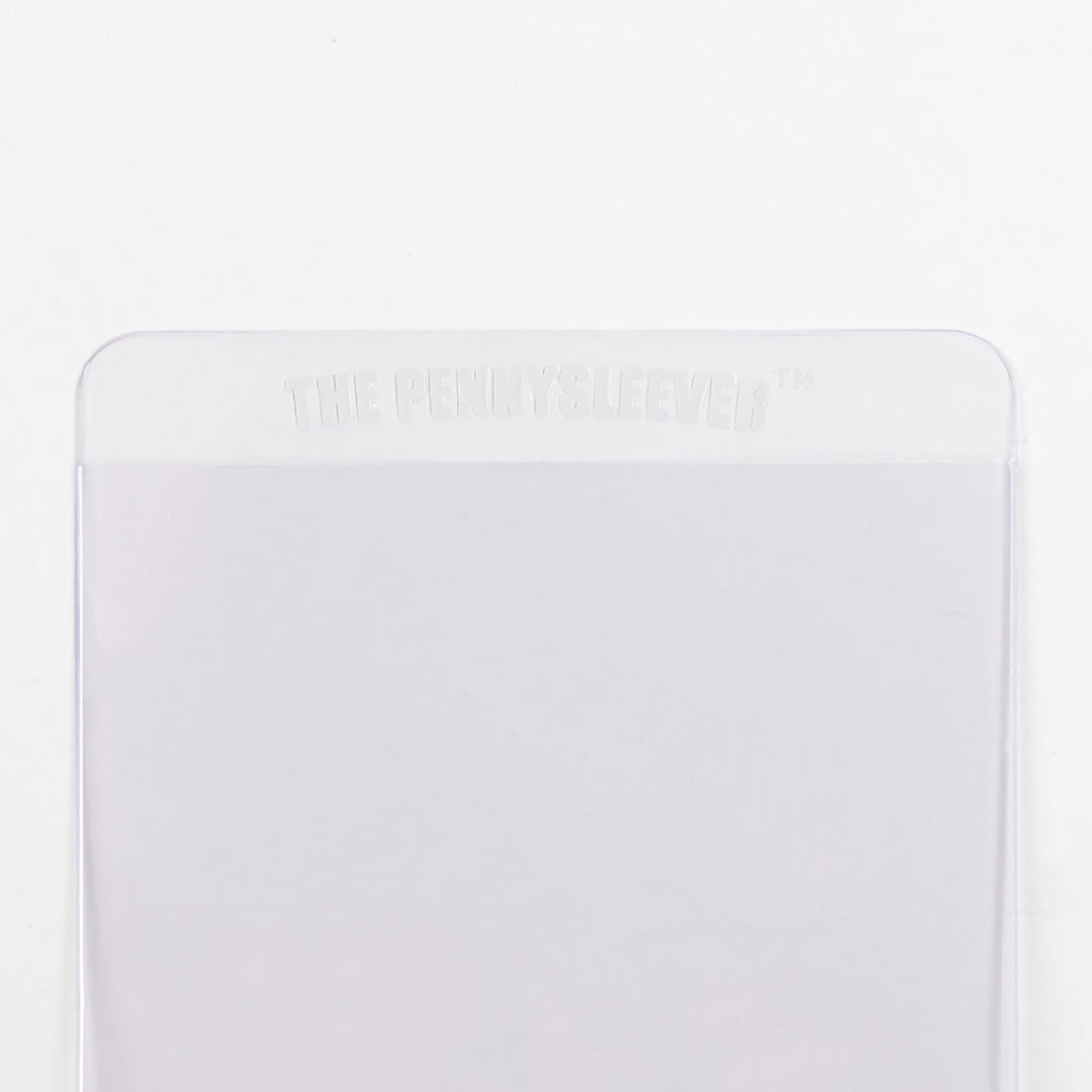 Close up view of top half of a semi-rigid card holder against a white background.