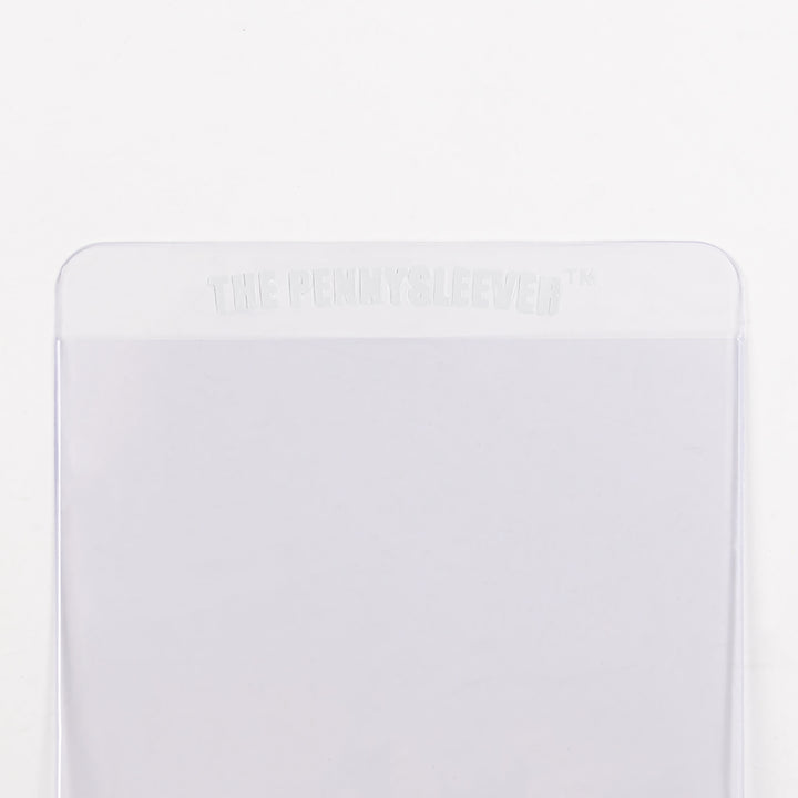 Close up view of top half of a semi-rigid card holder against a white background.