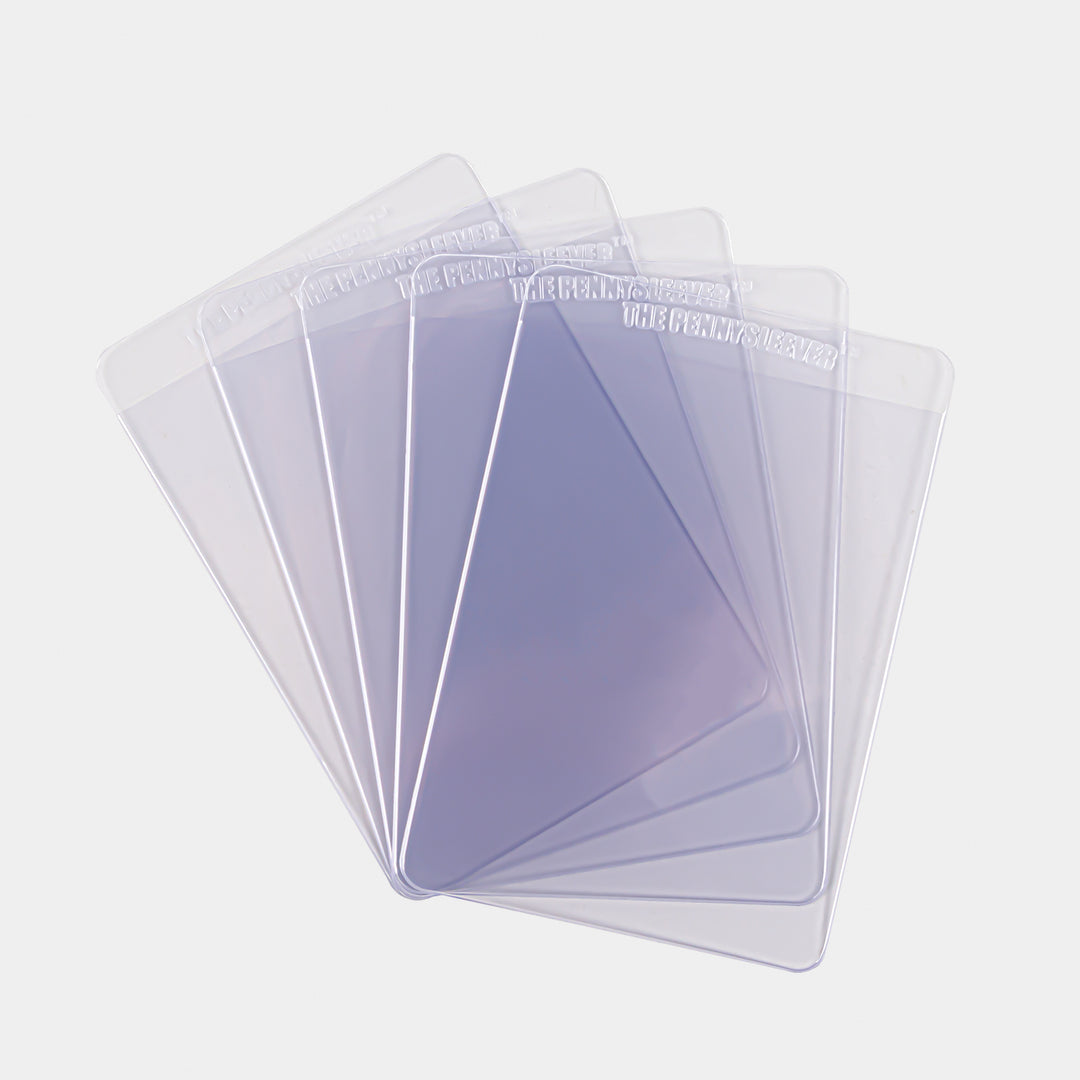 A fanned group of semi-rigid card holders against a white background.