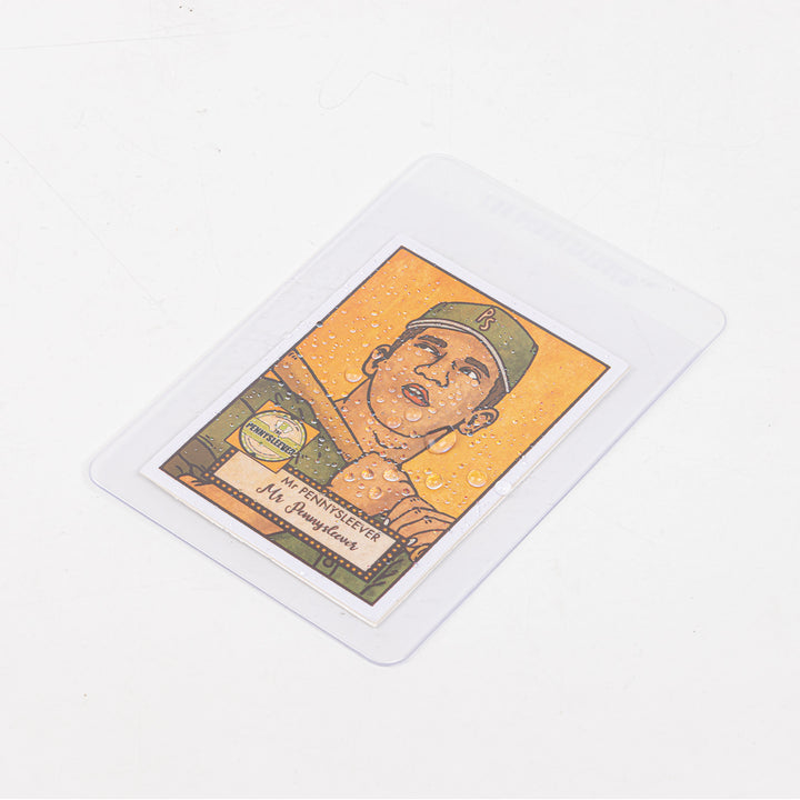 Semi-rigid card holder with a baseball card inside, with repelled raindrops, against a white background.