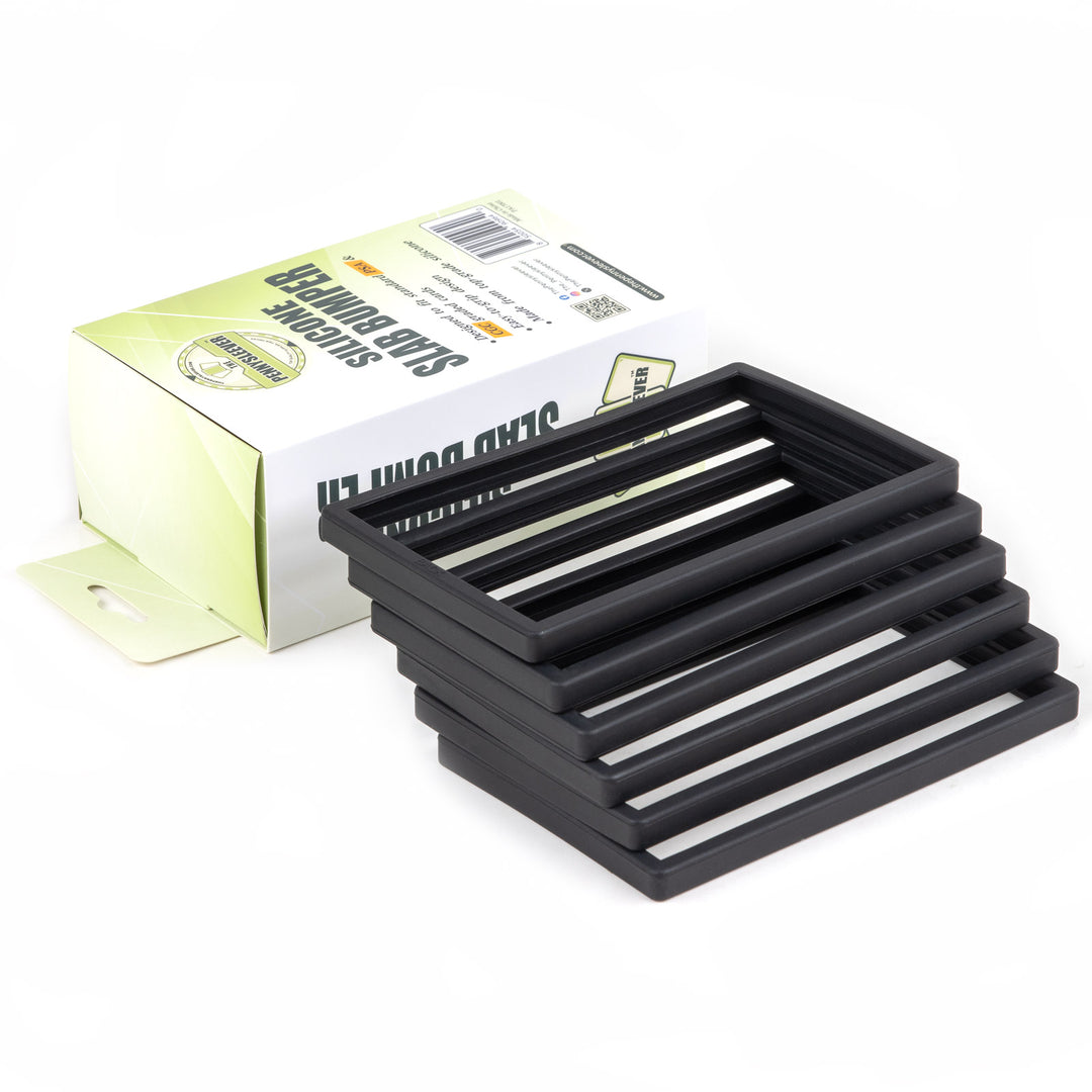 Black silicone slab bumpers with packaging on a white background