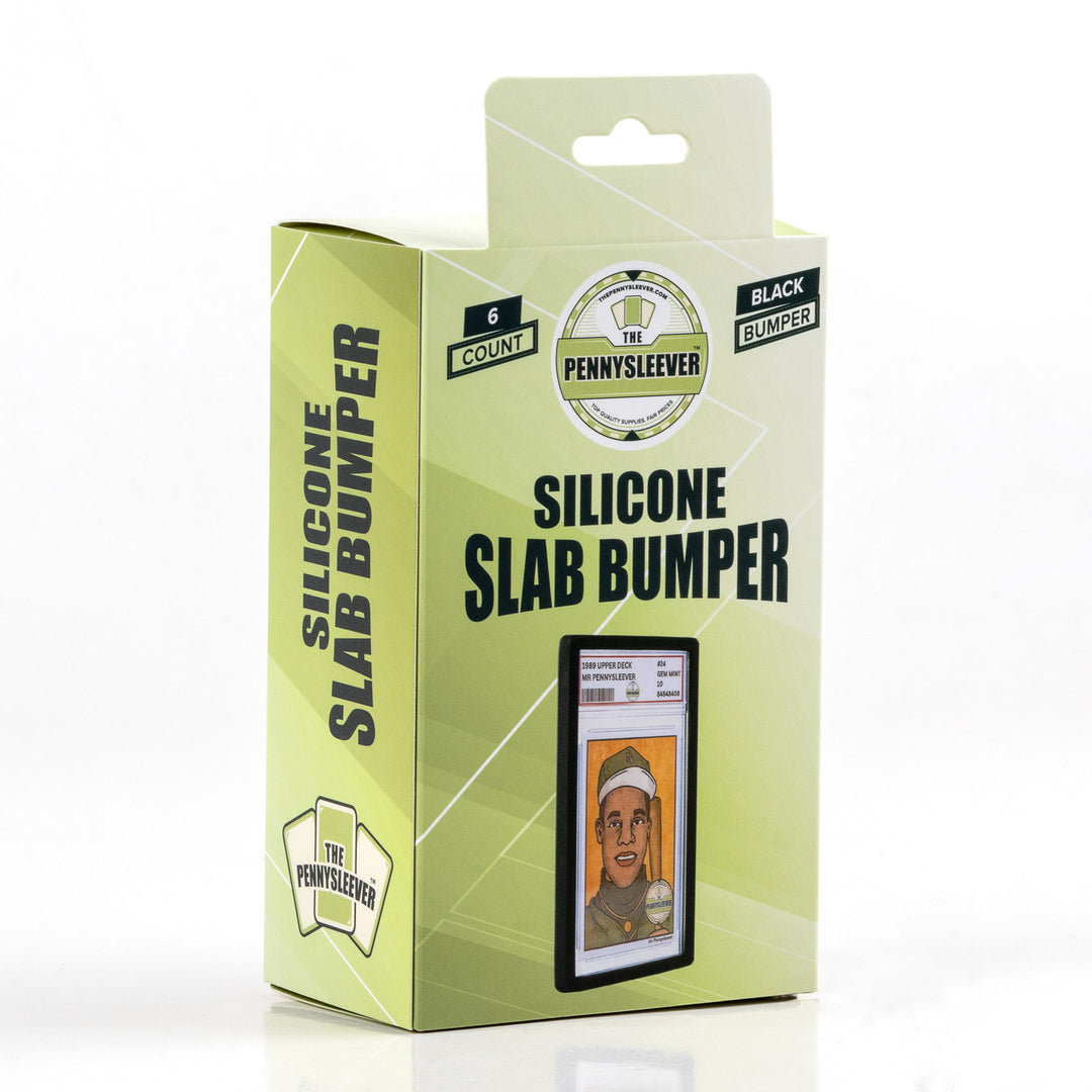 Box showing six black Pennysleever silicone slab bumpers with a card display on a white background