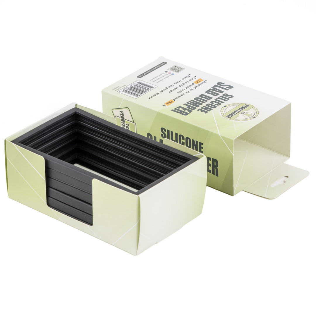 Silicone slab bumpers with open packaging on a white background