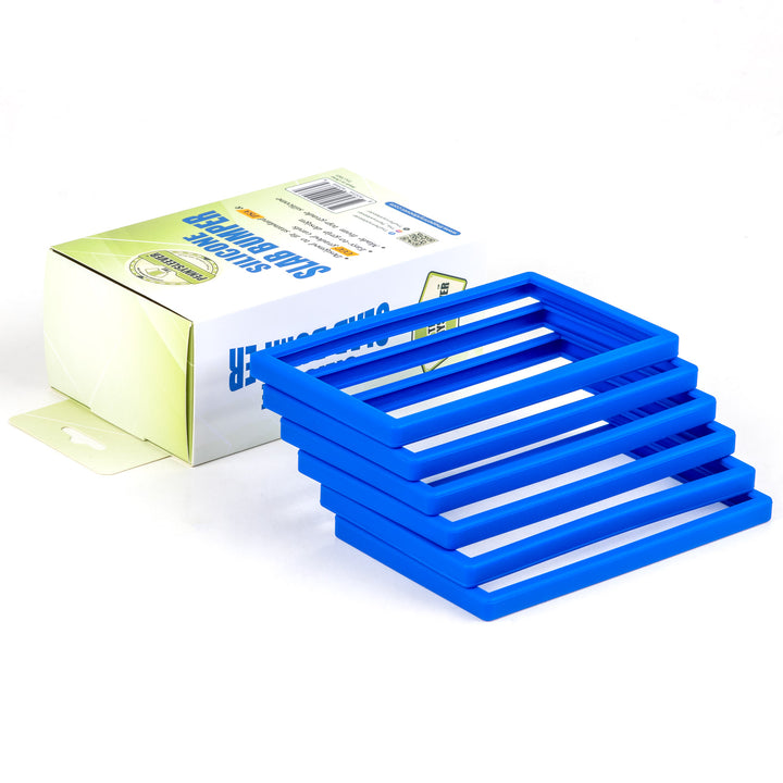 Blue silicone slab bumpers with a box on a white background