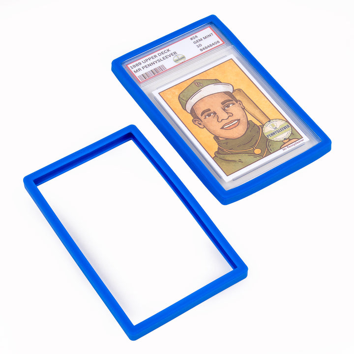 Vintage-style trading card with a blue protective case on a white background
