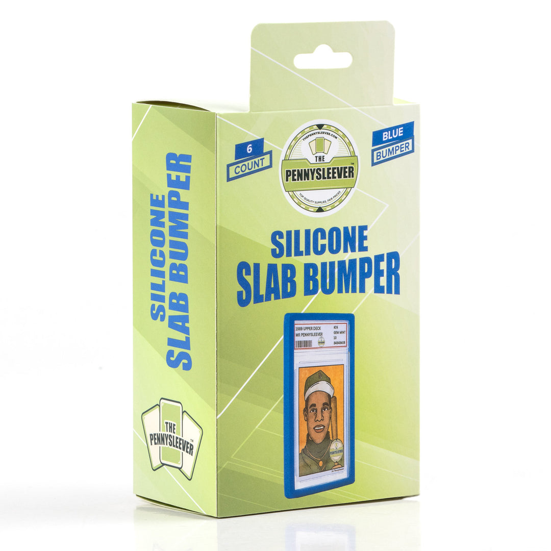 Box of  blue silicone slab bumpers with a card design on a white background