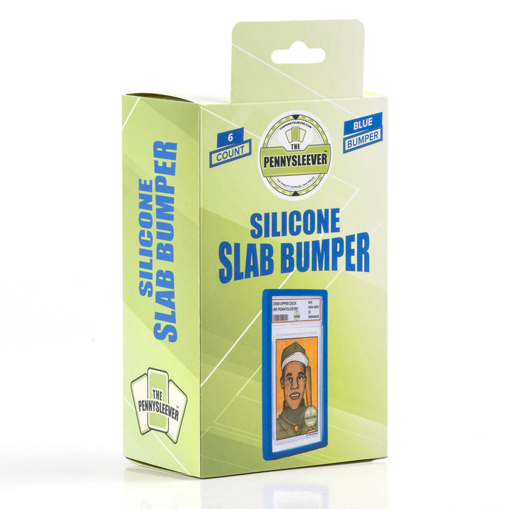 Box of  blue silicone slab bumpers with a card design on a white background
