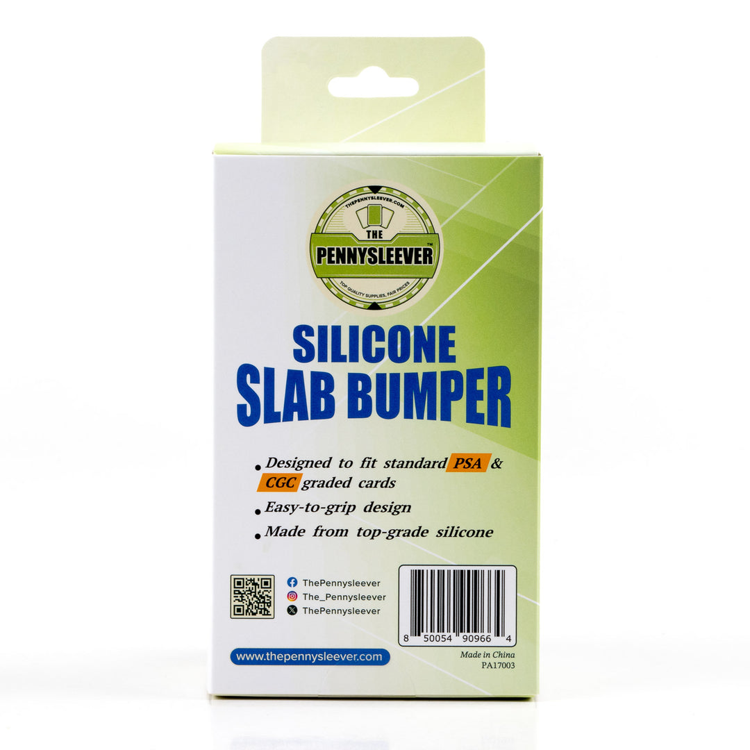 Packaging of a silicone slab bumper with branding and product details on a white background