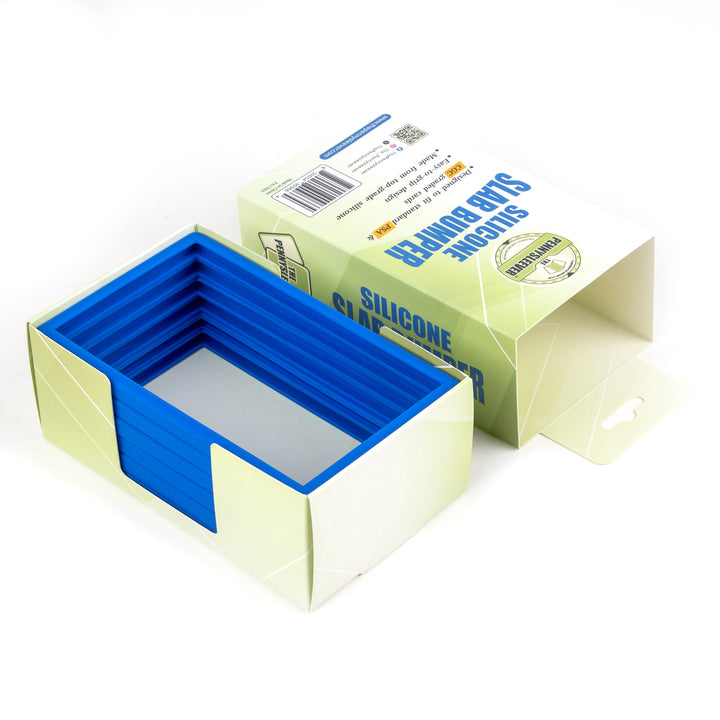 Silicone slab bumpers in a box on a white background