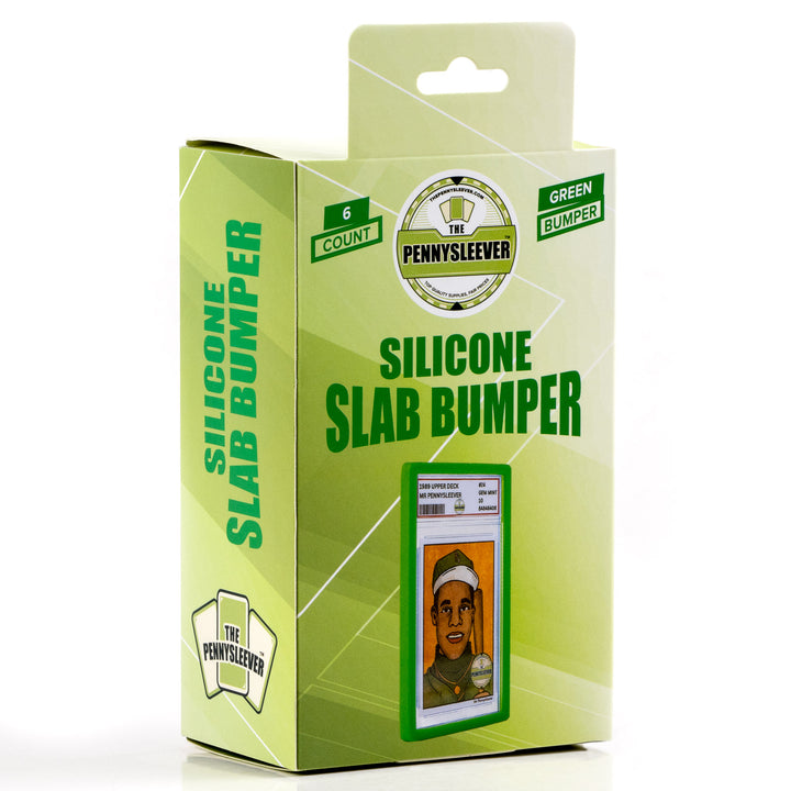 Green box of silicone slab bumpers with branding on a white background