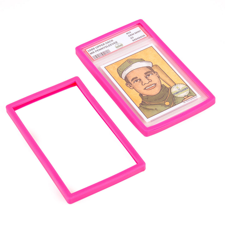 Baseball card in a pink slab bumper case on a white background