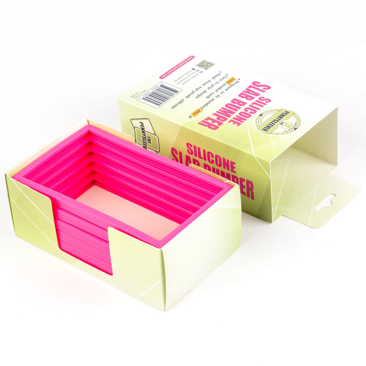 Pink silicone slap bumper with packaging on a white background