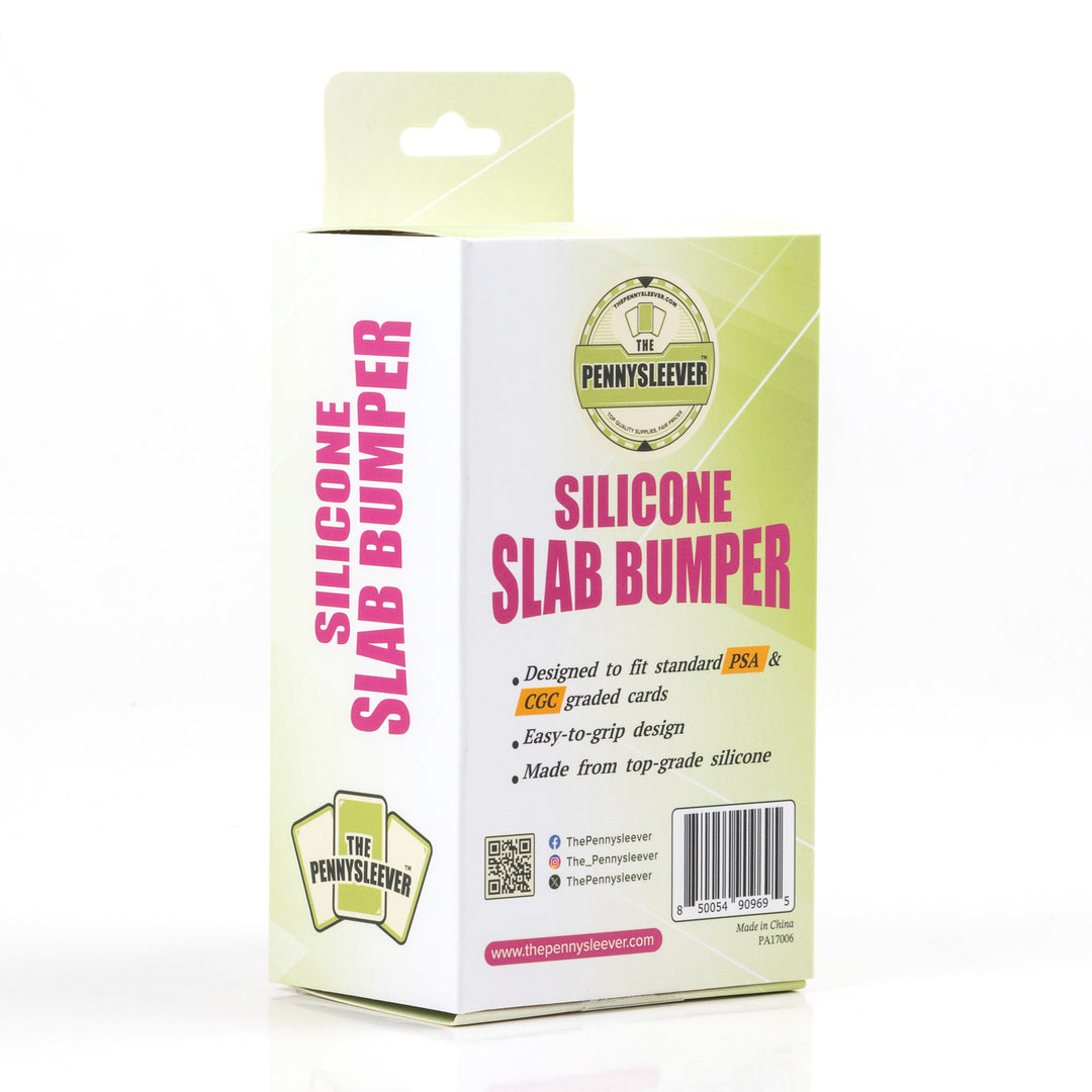 Silicone slab bumper packaging with brand logo and product details on a white background